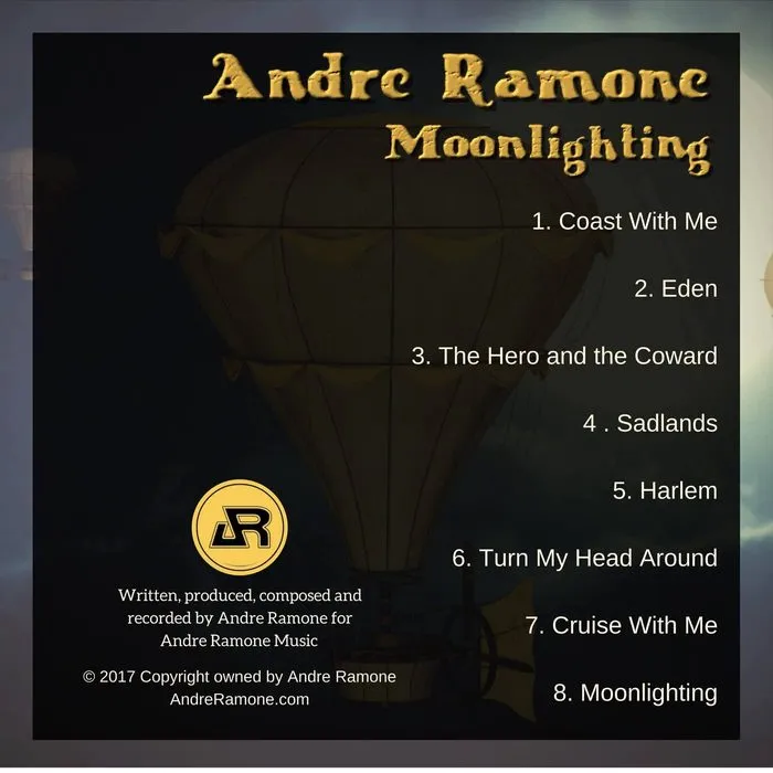 Back cover of Moonlighting listing eight tracks, from Coast With Me to the title track